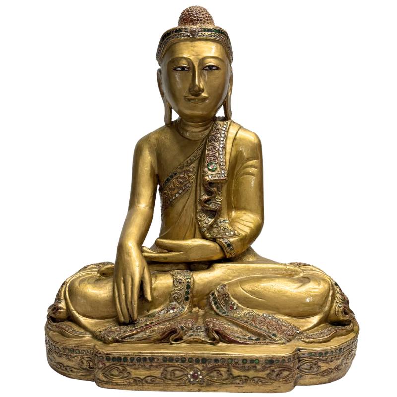 wooden Buddha statue from Myanmar with gilding and glass inlay
