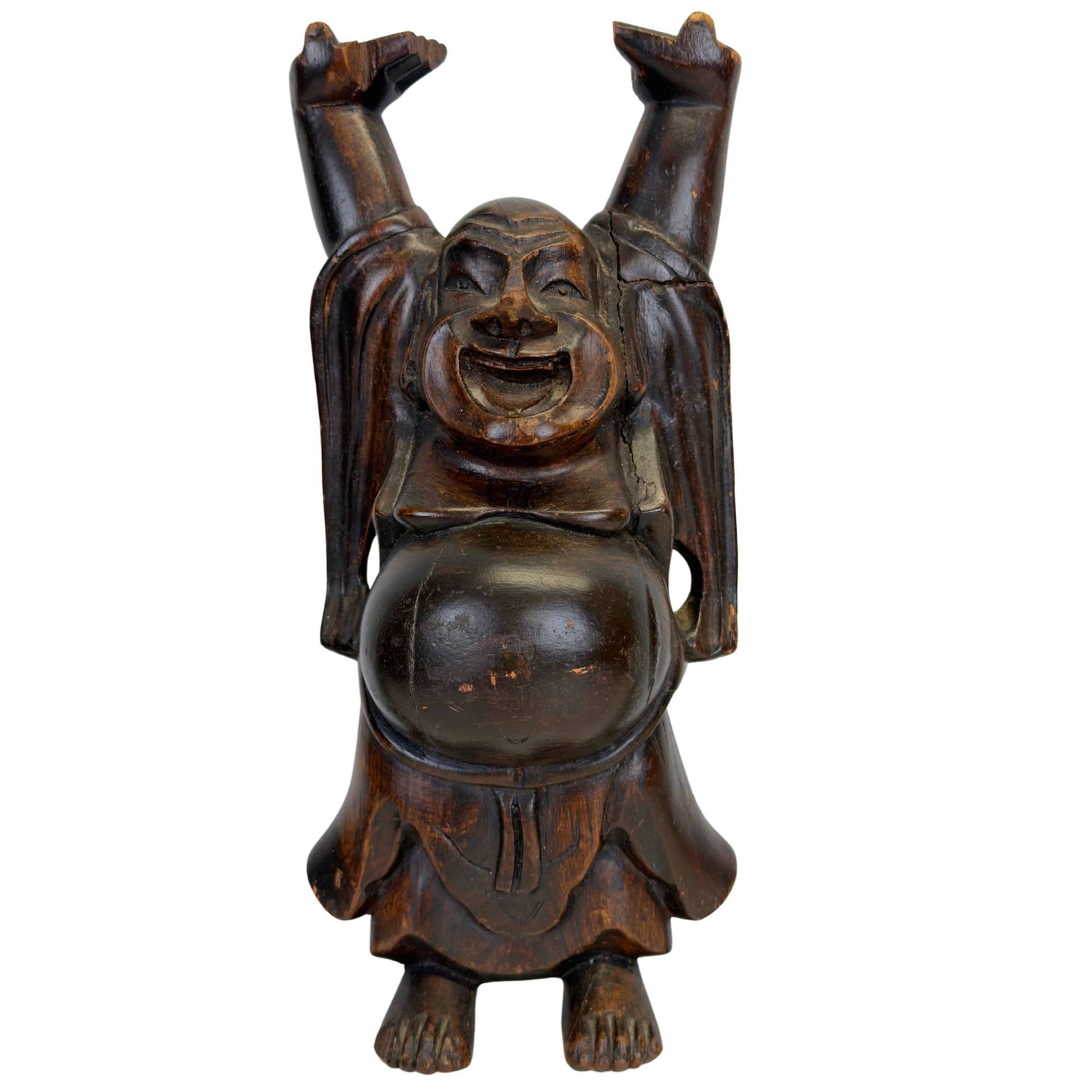 Wooden Budai Laughing Buddha from the Chinese diaspora with raised arms for good luck and prosperity