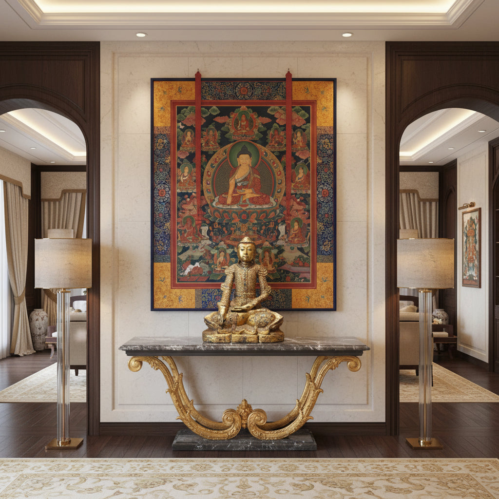 Wooden Mandalay Buddha with Bhumisparsha mudra and rich gold leaf decoration