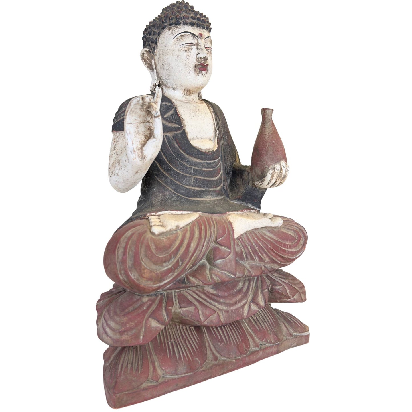Chinese wooden Medicine Buddha statue with a vase in his hand and a richly carved double lotus base
