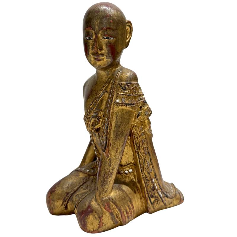 Mirror-glass inlaid Burmese wooden statue with traditional Thayo lacquer decoration and inlaid mirror glass.