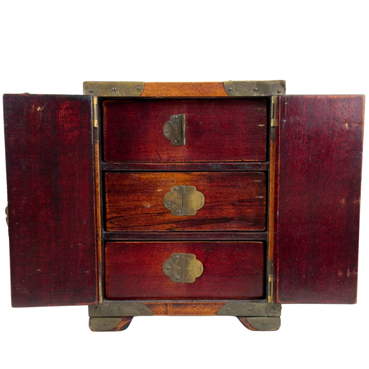 Wooden jewelry box with carved stone panels with lotus-like floral motifs