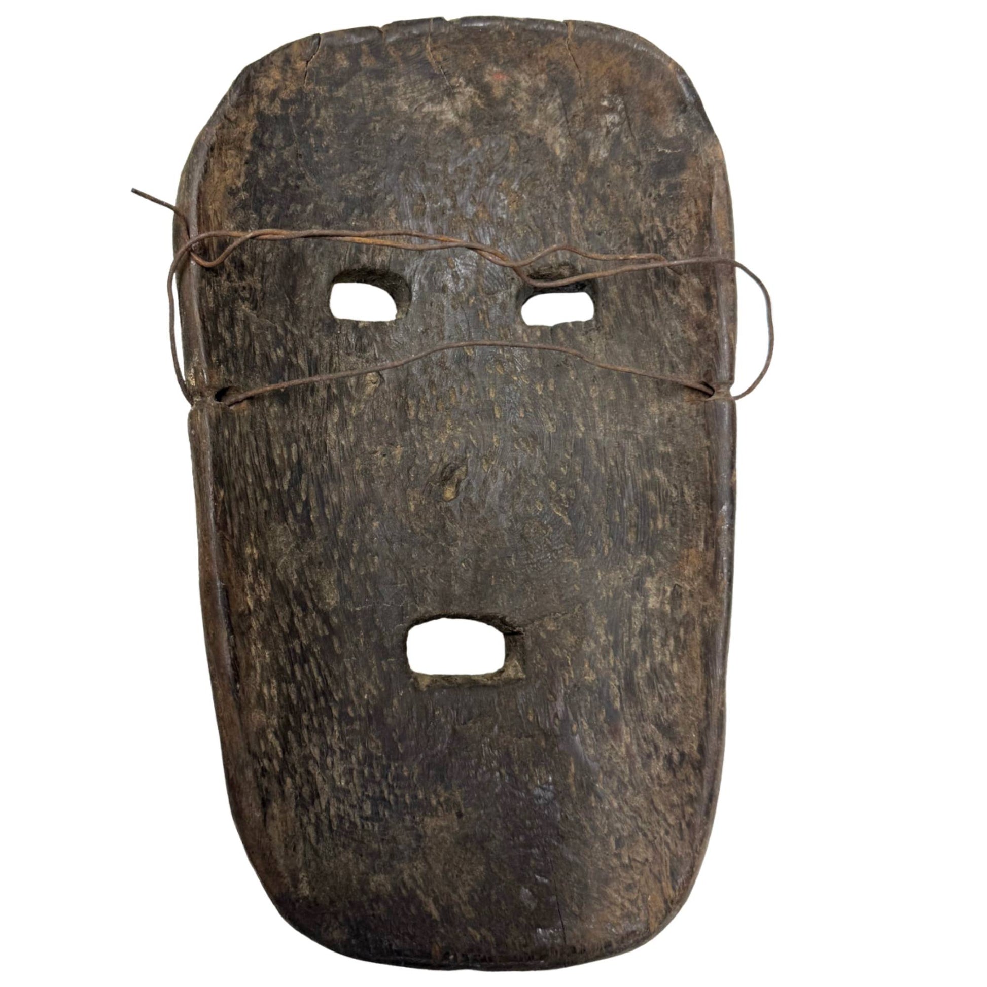 Wooden shaman mask from the Himalayan region, 26 cm wide with old wear, cracks, and original signs of wear.