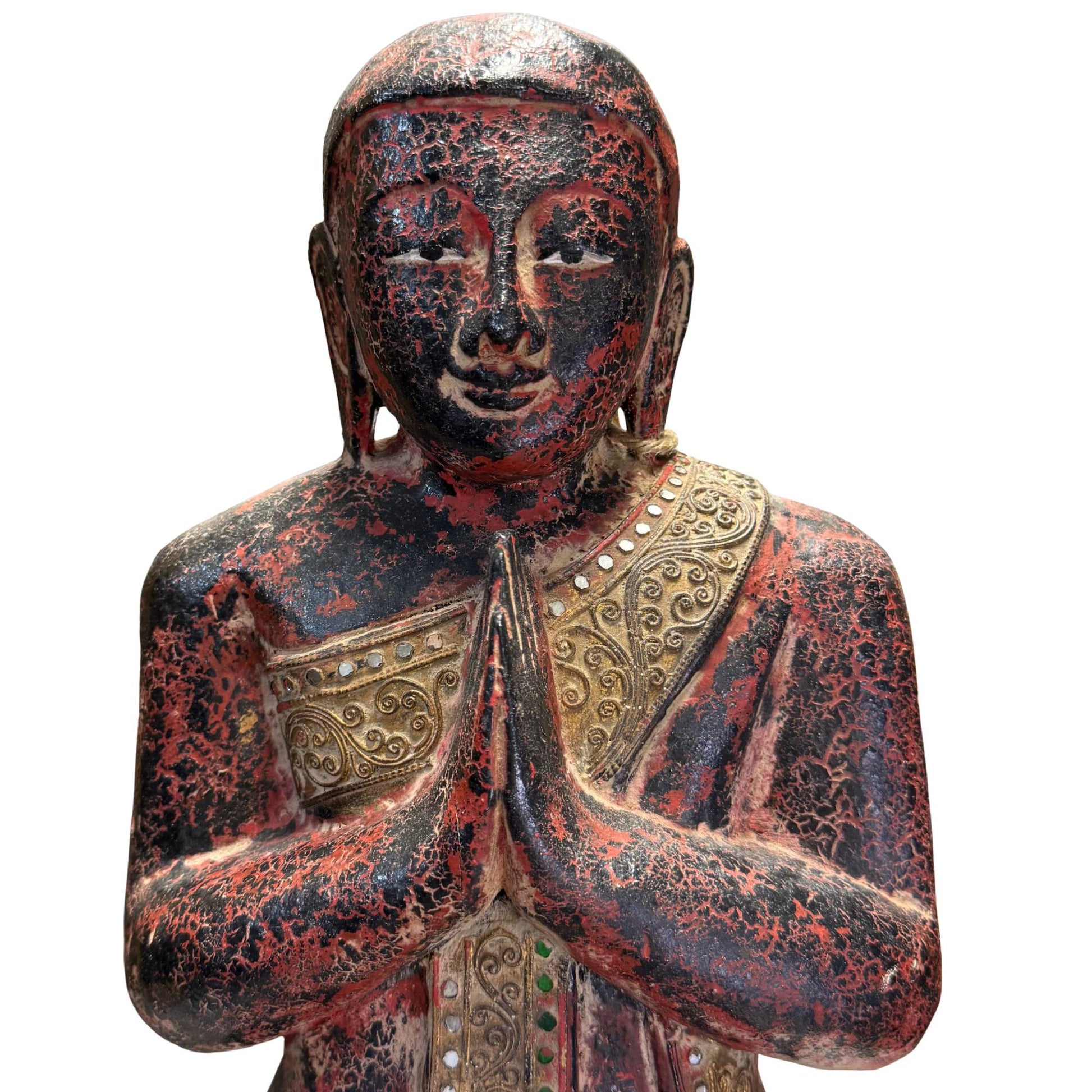 Hand-carved wooden temple statues from Burma dating from the 19th century.