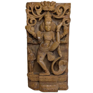 Décoration murale : bas-relief en bois ancien représentant Shiva Nataraja, provenant d'un temple du sud de l'Inde, XIXe siècle