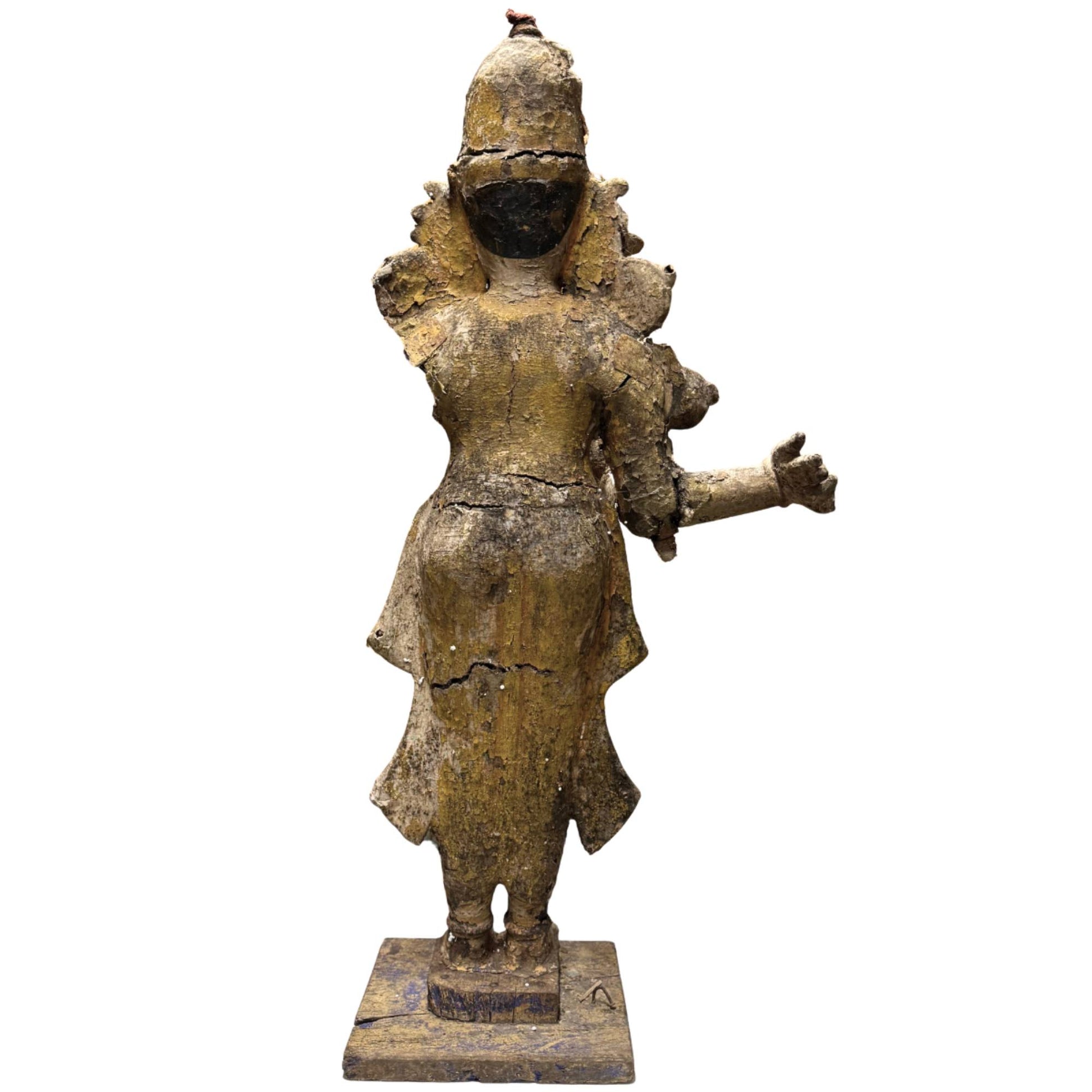 Wooden Venugopala statue with remnants of polychromy, gilding, and old lacquer layers.