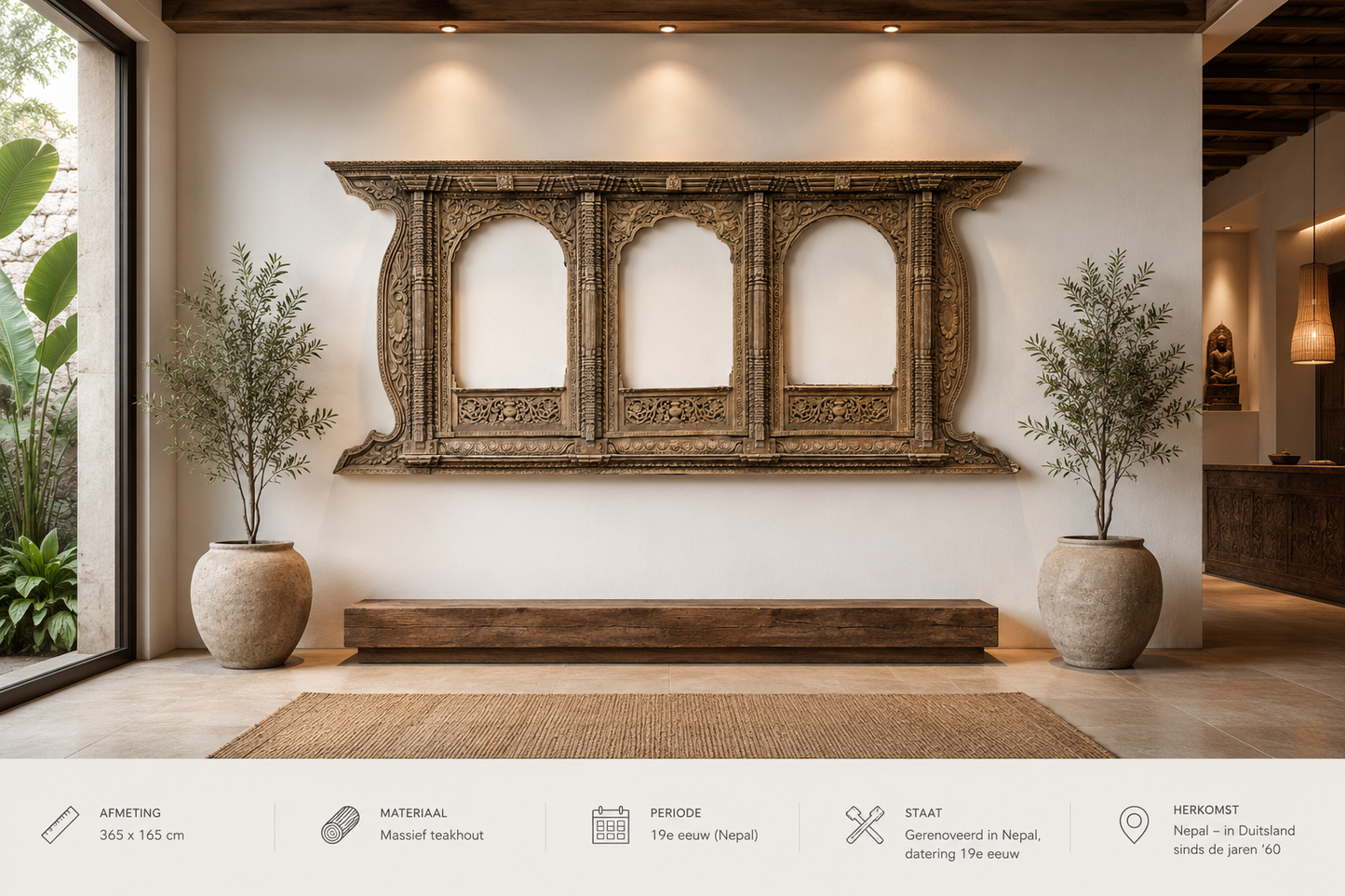Exclusive Wall Decoration - Large Teak Wood Carving (365cm) - Zen Hotel Decoration - Nepal 19th Century