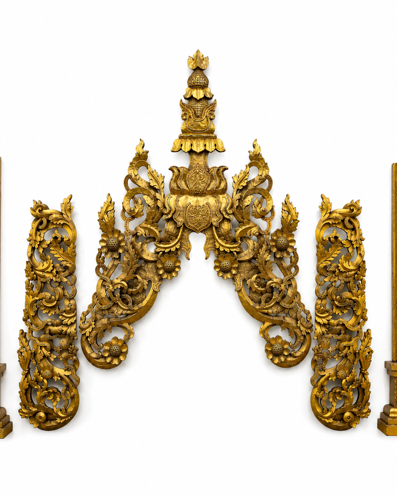 Ensemble monumental de généalogie de temple birman (5 parties, environ 200 cm de haut) – style Mandalay (vers 1900)