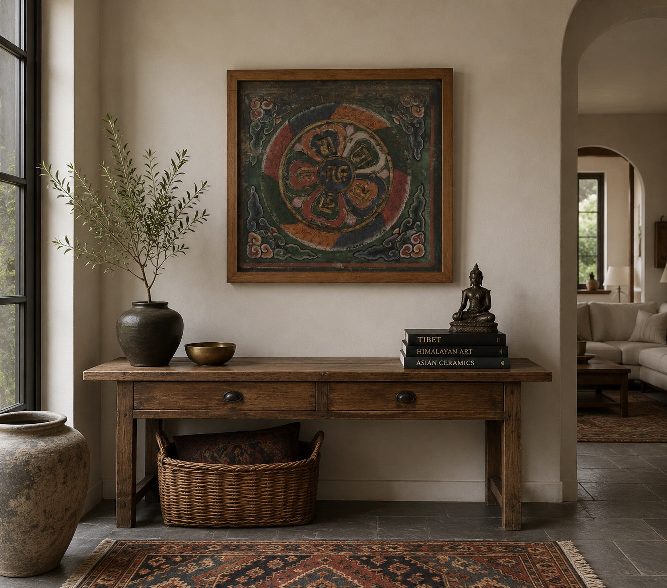 61x65 cm Antique Tibetan Thangka Mandala | Ranjana Mantra | 9kg Wall Art