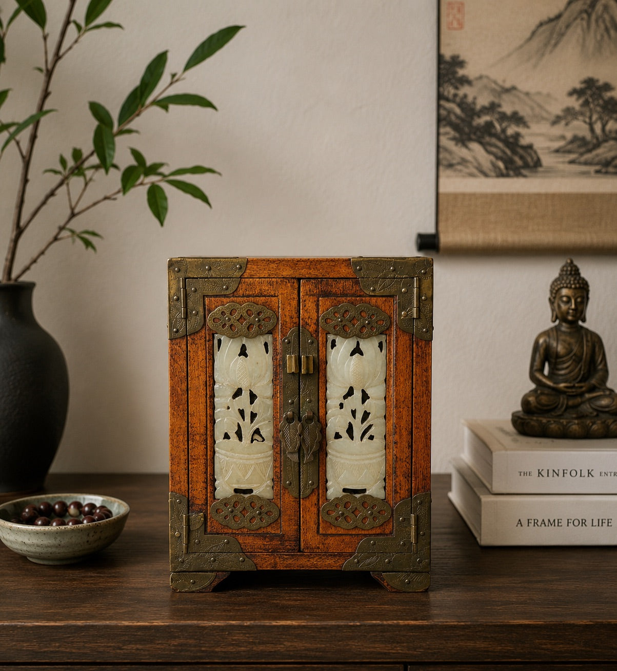Chinese Wooden Jewelry Box with Carved Stone Panels and Brass Fittings
