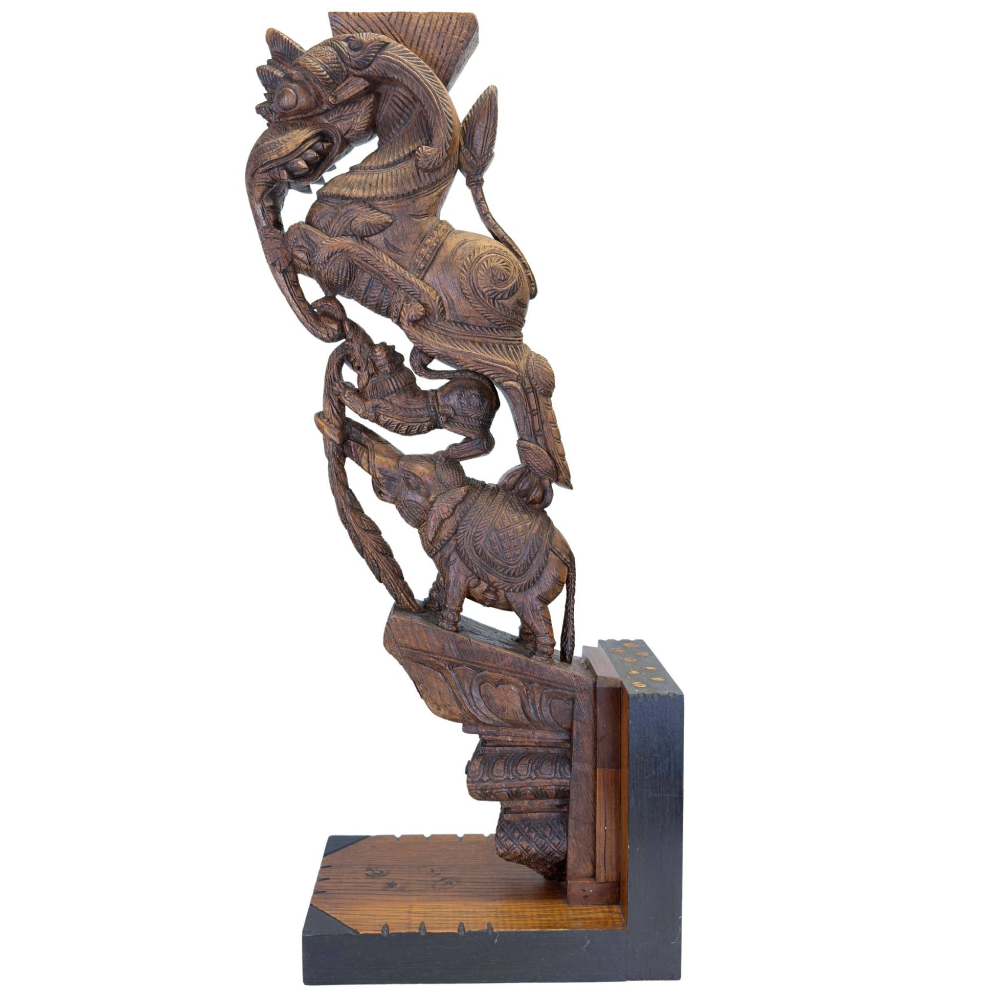 Indian temple bracket with mythological figures and elephant