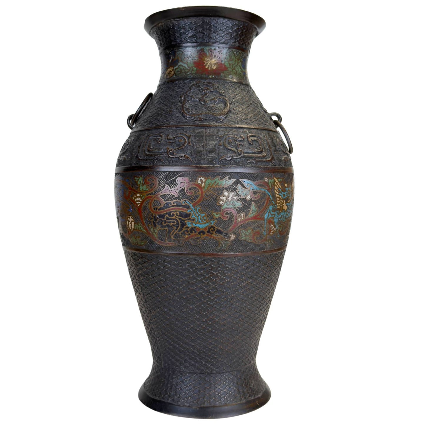 Large Japanese bronze champlevé vase with colorful mythical creatures, dark patinated bronze and decorative enamel band
