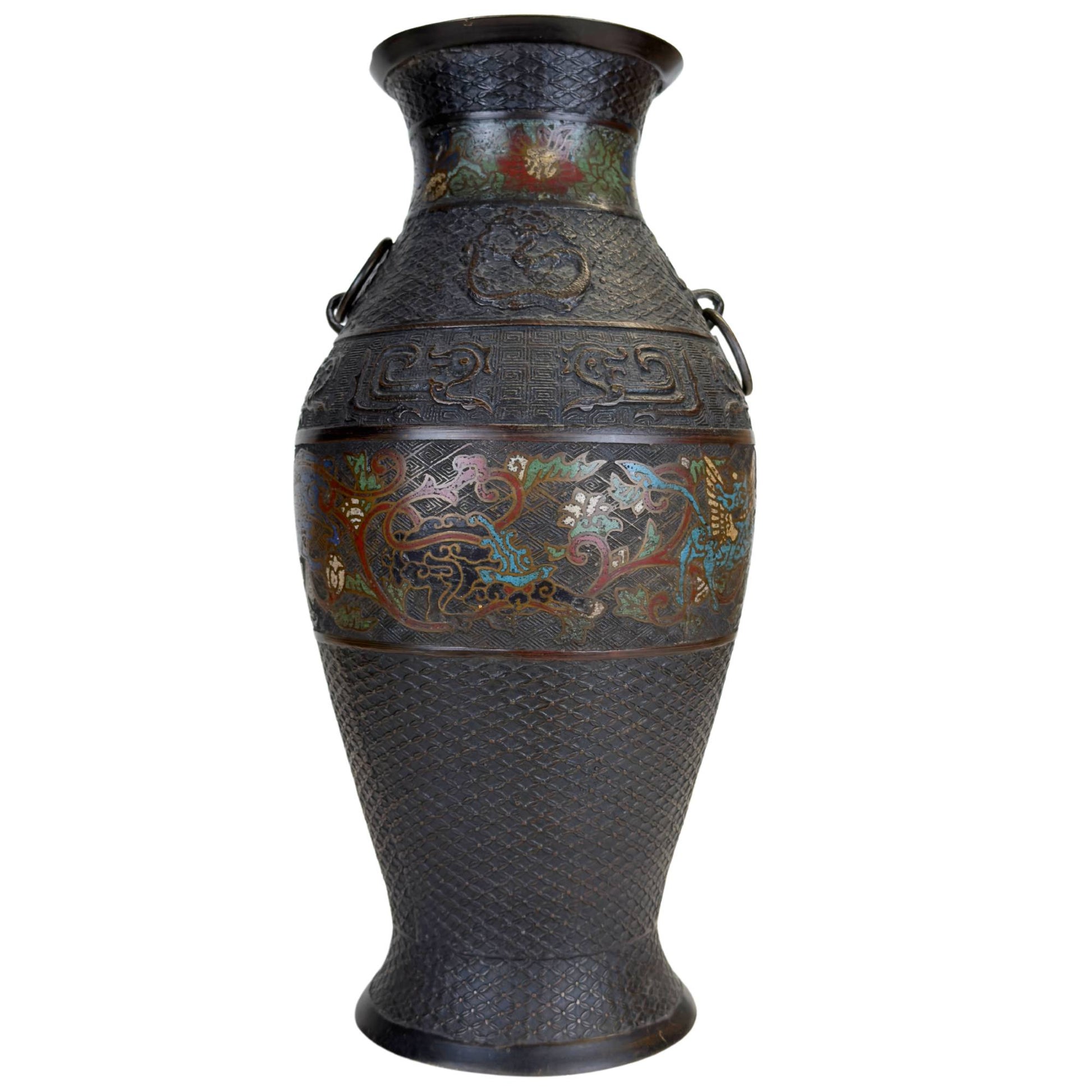Large Japanese bronze champlevé vase with colorful mythical creatures, dark patinated bronze and decorative enamel band