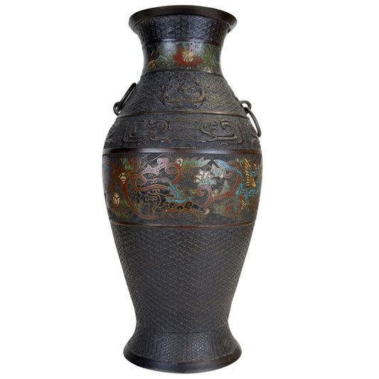 Grote Japanse bronzen champlevé vaas met kleurrijke fabeldieren, donker gepatineerd brons en decoratieve emailleband