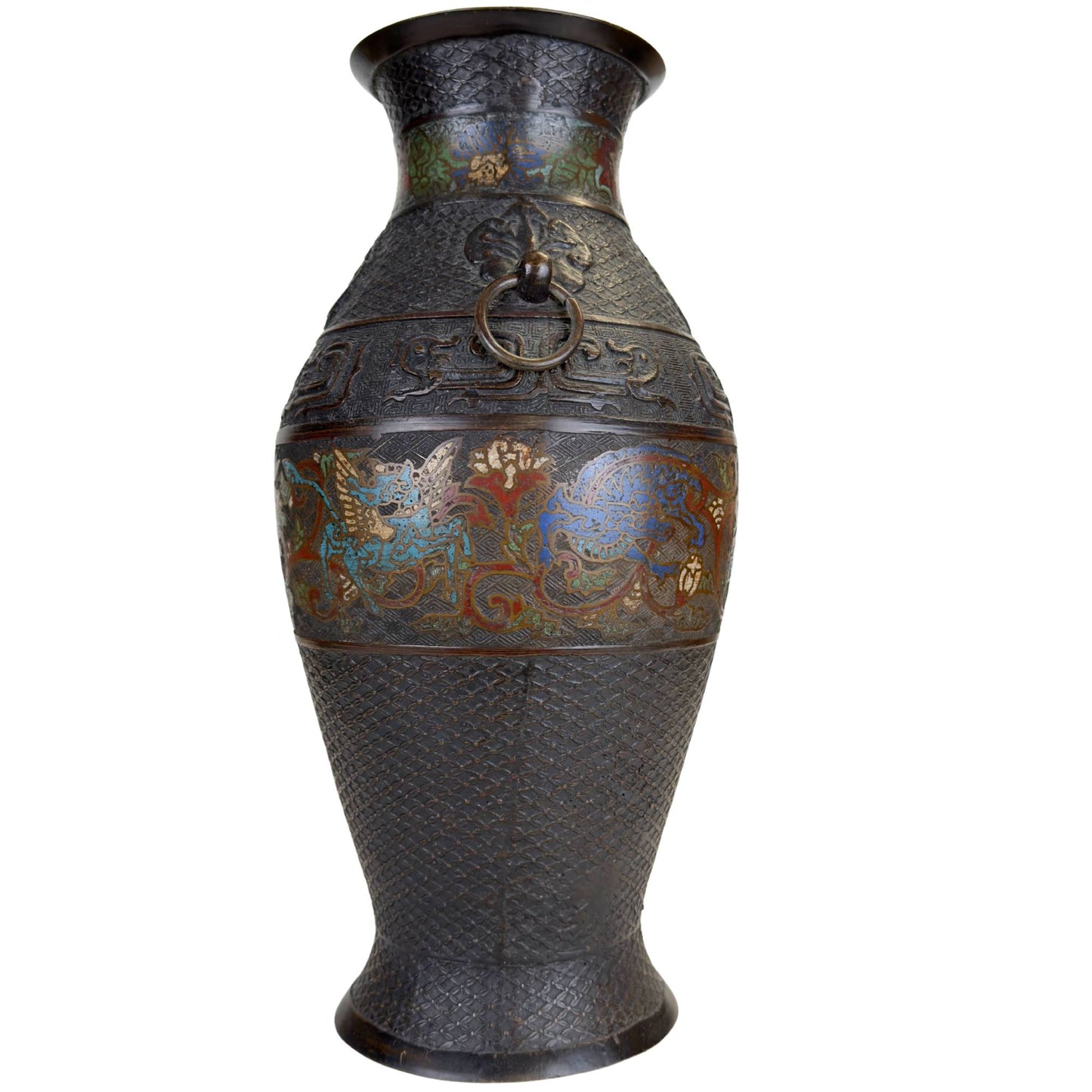 Japanese bronze champlevé vase with ring handle, archaic motifs and colorful enamel decoration around the body