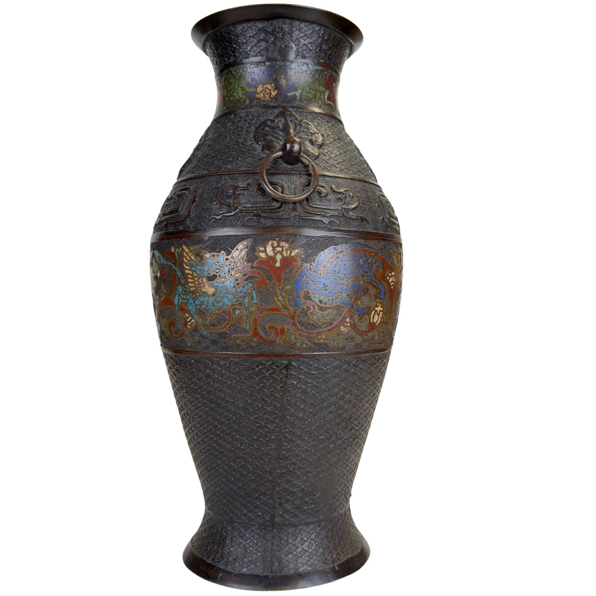 Japanese bronze champlevé vase with ring handle, archaic motifs and colorful enamel decoration around the body