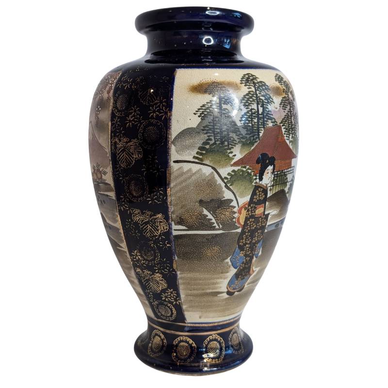 Japanese Satsuma Meiji vase with enamel and gold geisha depiction