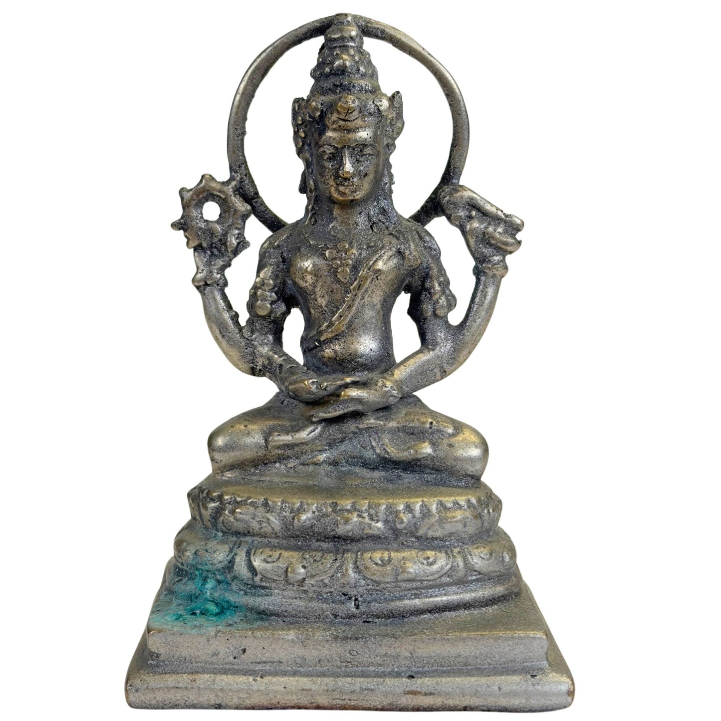Old Javanese bronze Vishnu statue from Indonesia with four arms, chakra, shell, and round halo