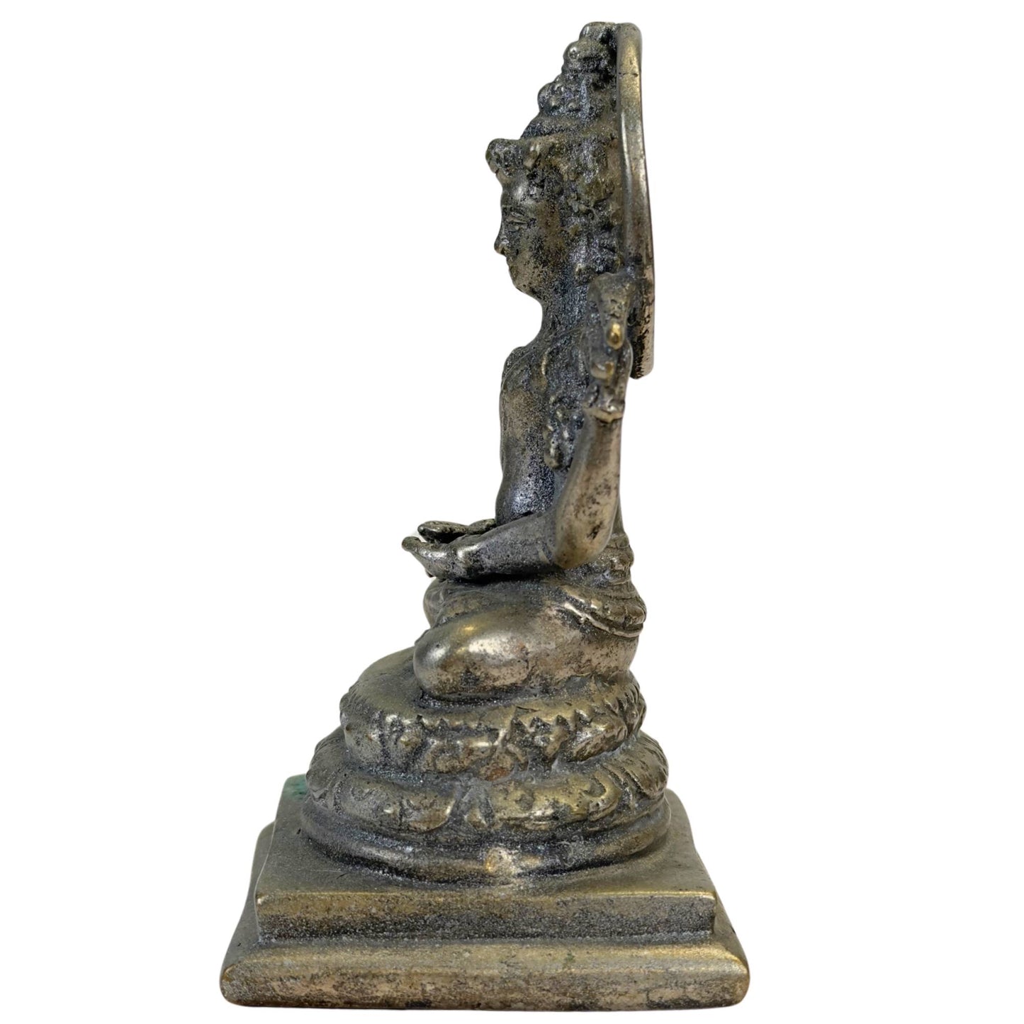 Javanese Vishnu statue with green copper oxidation on the base and old dark patina