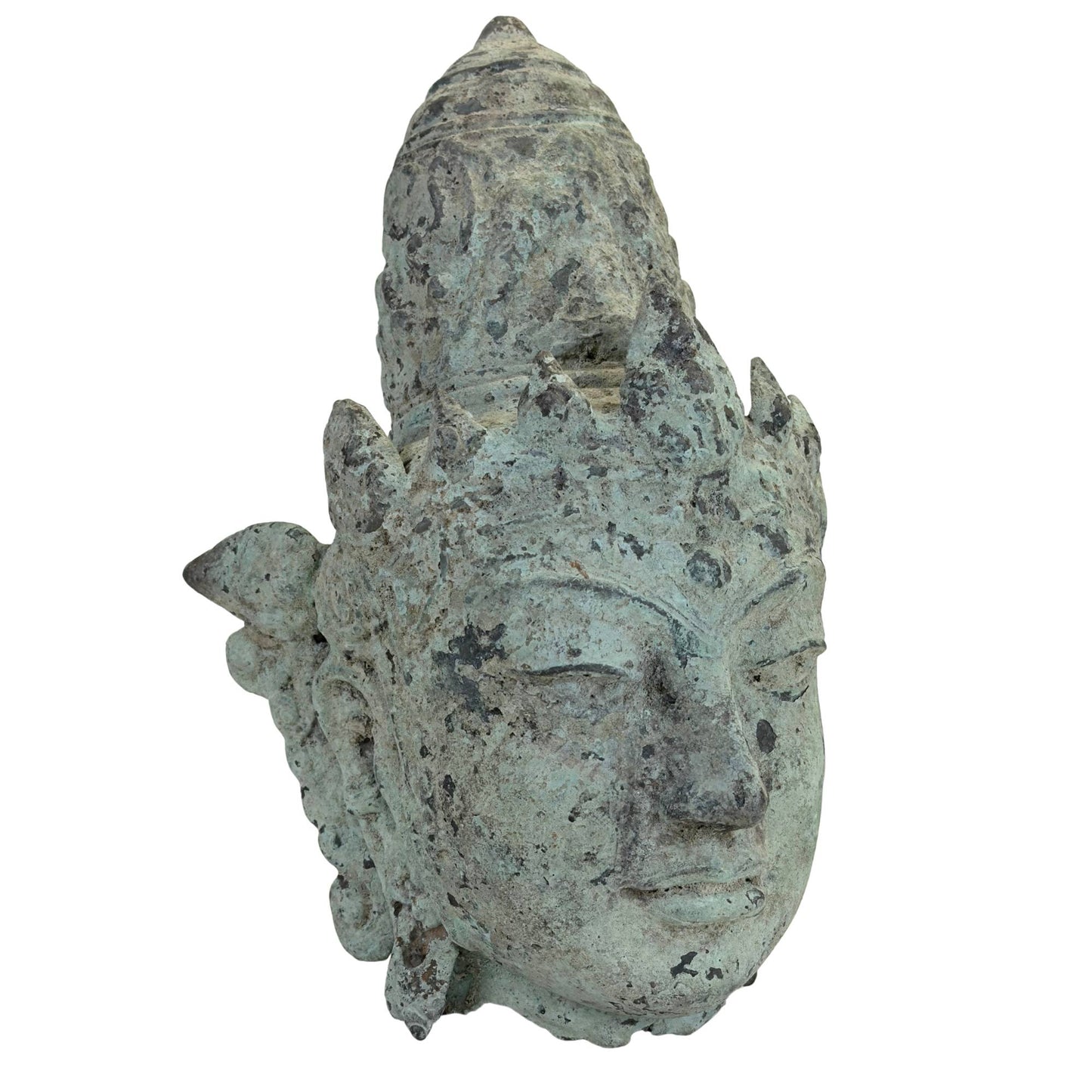 Antique Javanese Vishnu head fragment with heavy green oxidation and old patina