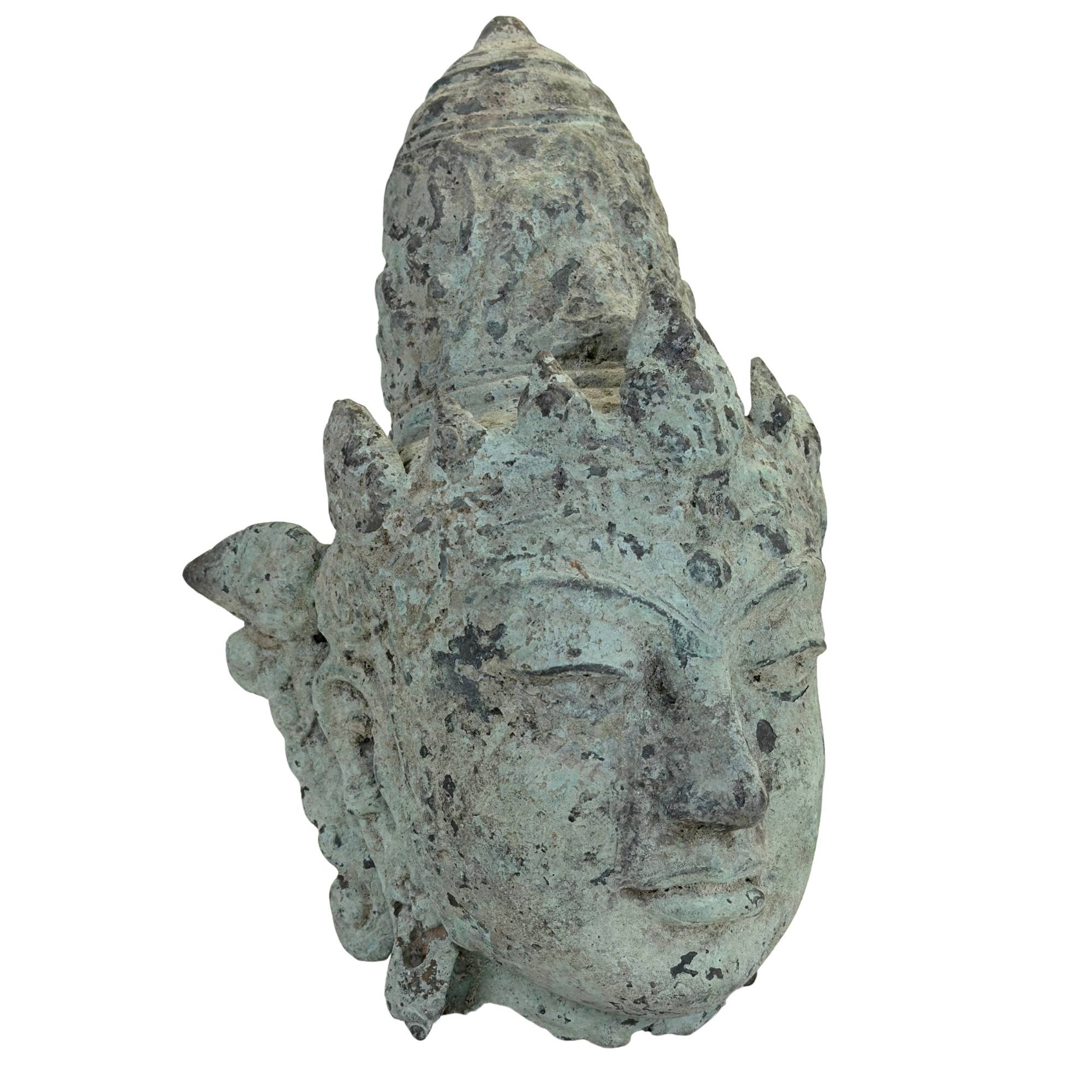 Antique Javanese Vishnu head fragment with heavy green oxidation and old patina