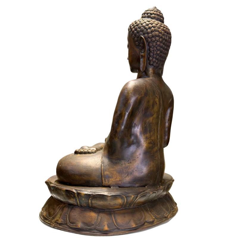 Characteristic round double lotus throne of monumental Javanese bronze.