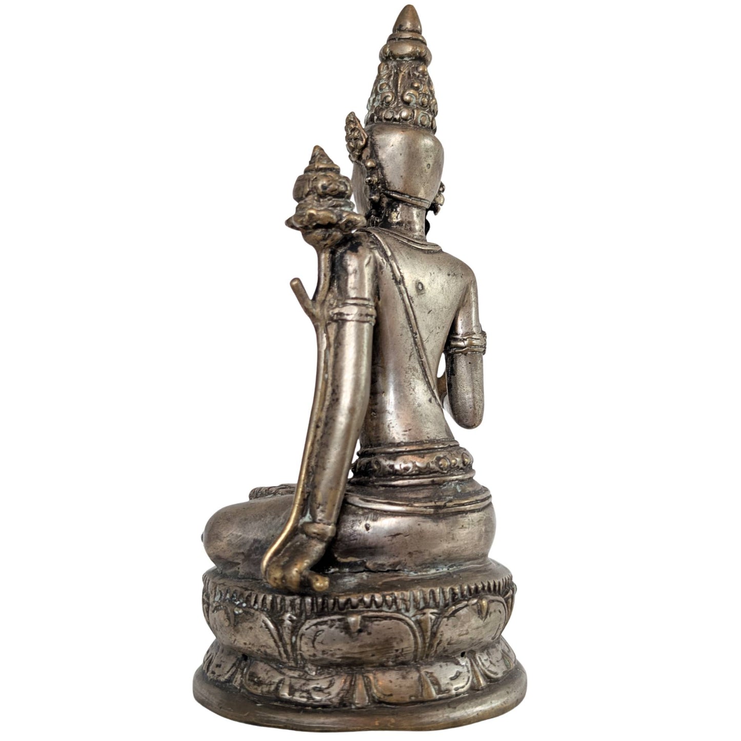 Close-up of the double lotus throne with natural wear of the bronze.