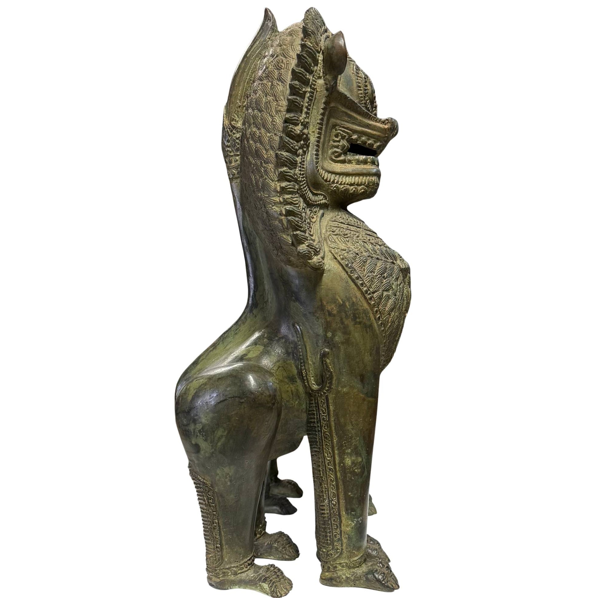 Pair of Khmer-style bronze Singha lions for a royal look in the interior
