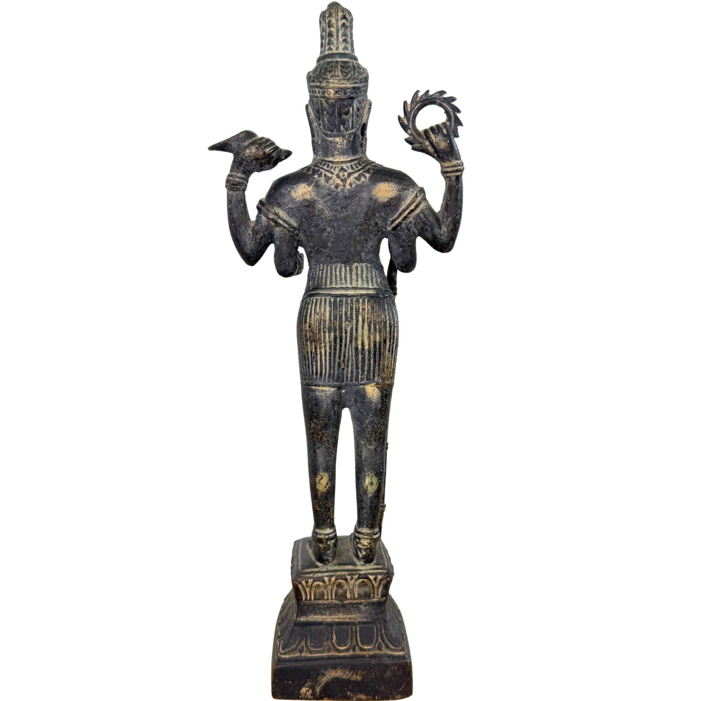 Rear view of the statue, showing the integral casting structure and clothing details.