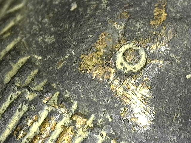 Microscopic detail of the Baphuon-style navel, showing the sharp casting and the natural micro-pitting of the antique bronze.