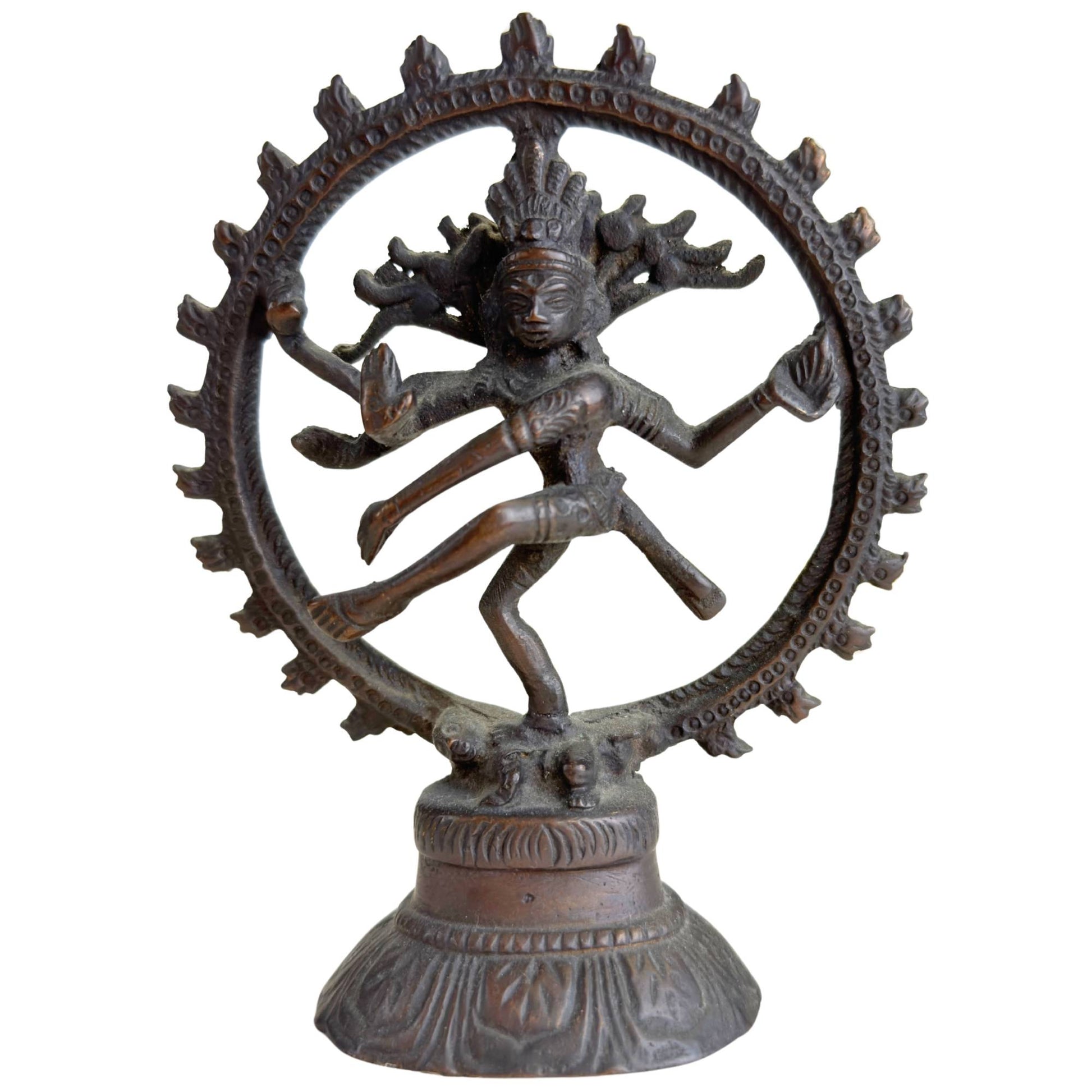 Small bronze Shiva Nataraja statue, 13 cm, with dark patina and a round halo of flames.