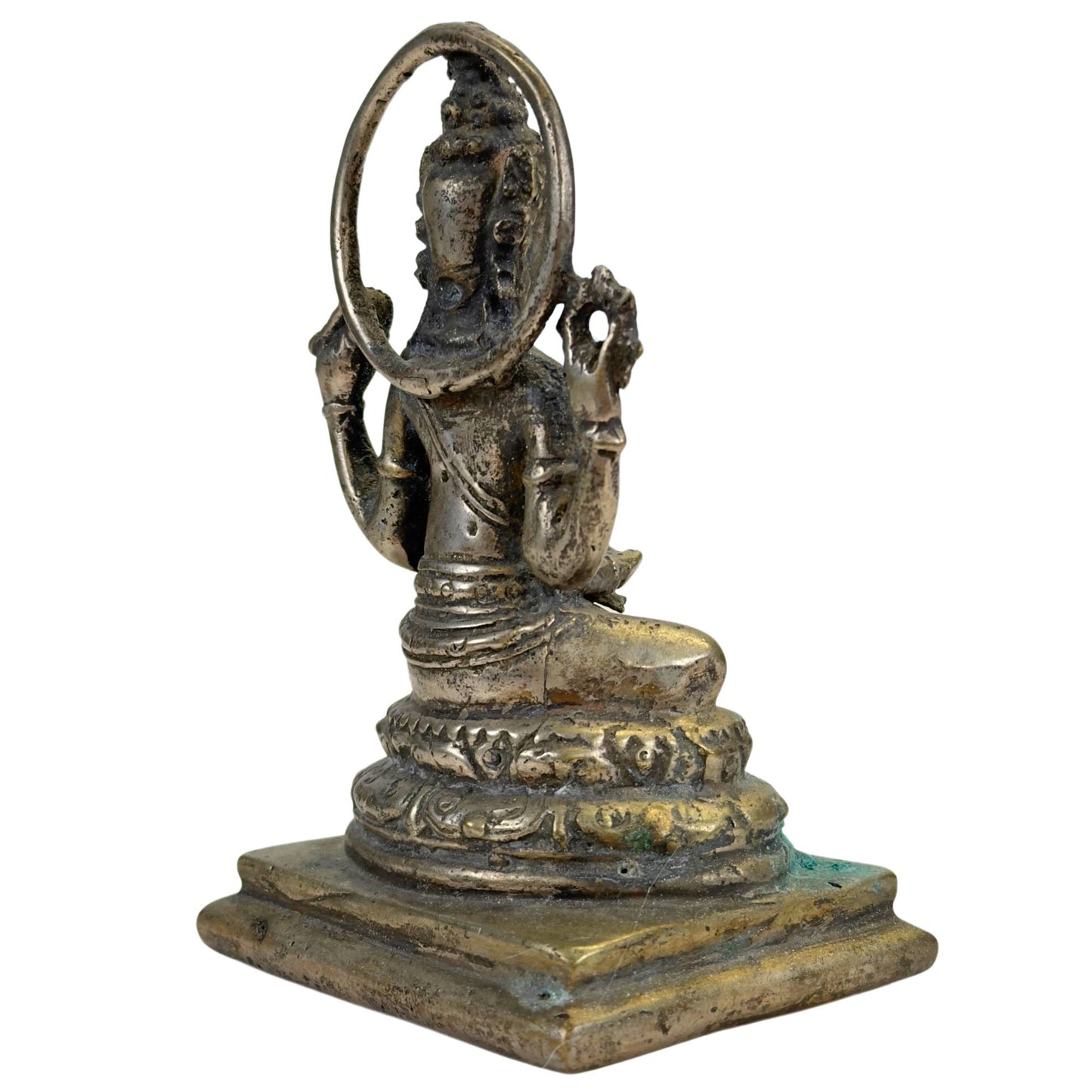 Small Javanese Vishnu altar statue made of bronze with a lotus base, square pedestal, and ritual appearance.