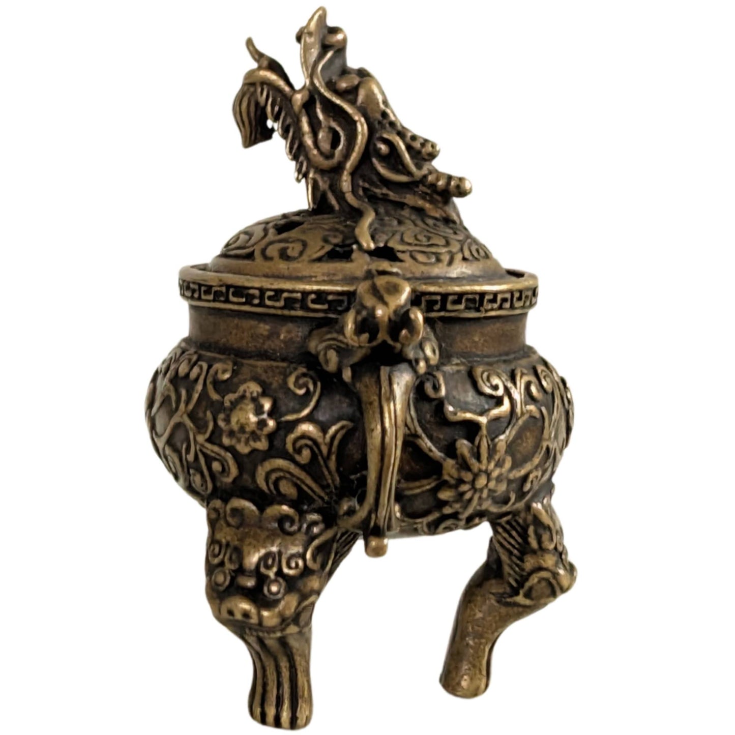 Chinese bronze incense burner with detailed handles and a meander border along the neck.