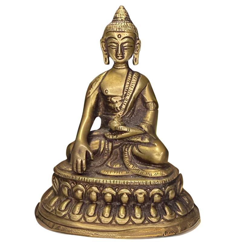 Front view of a small brass Shakyamuni Buddha from Nepal