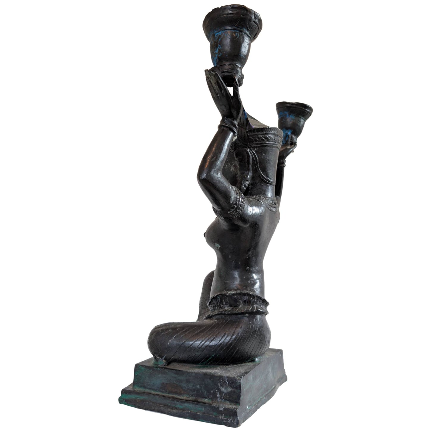 Kneeling Apsara Yakshi in bronze with blue oxidation accents