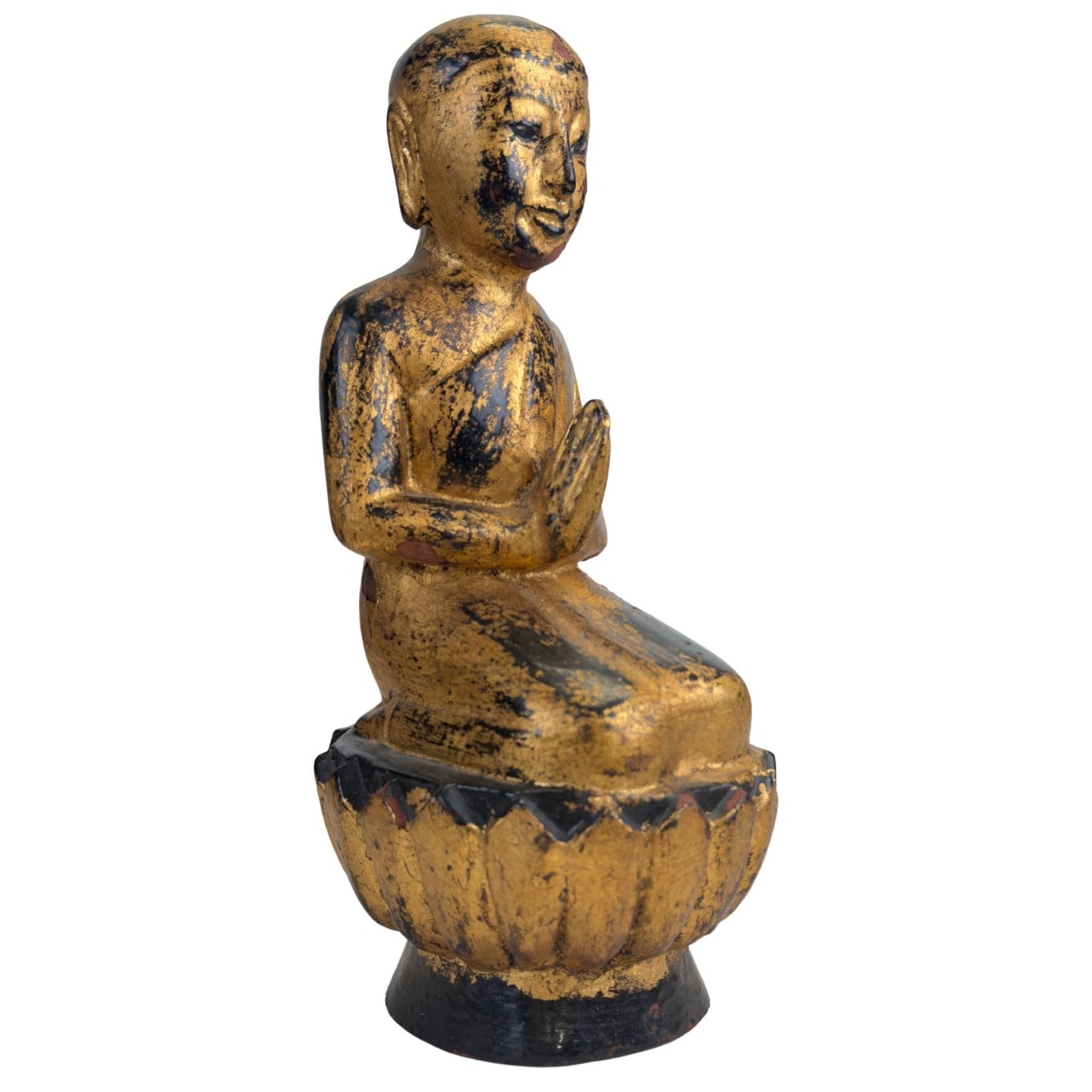 Hand-carved teak temple disciple on lotus throne