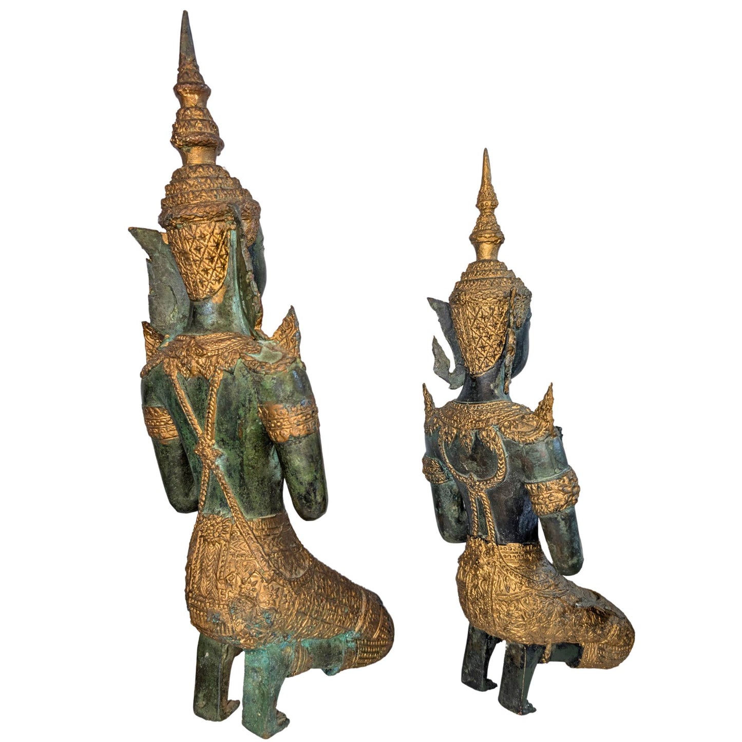 Kneeling bronze temple guardians from Thailand with gold and patina