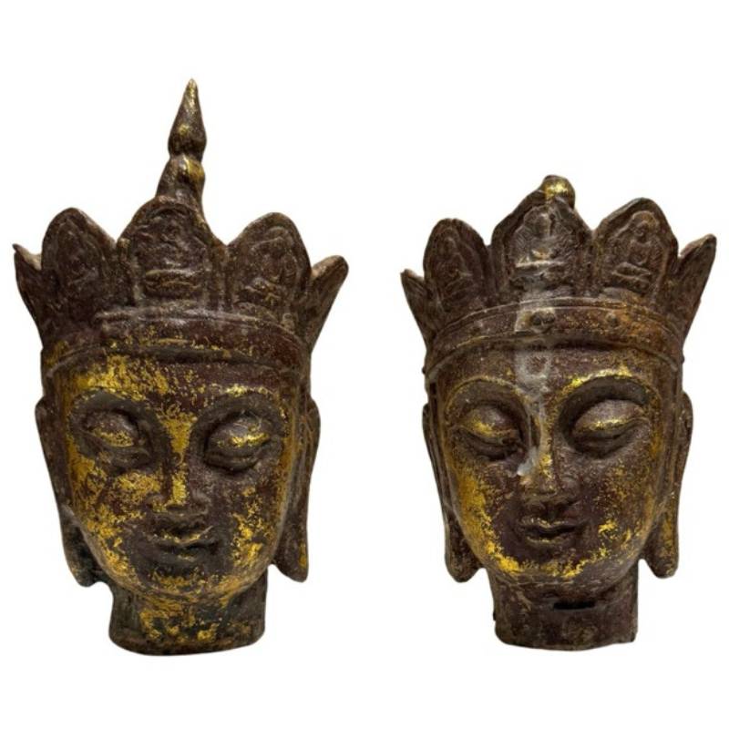 Pair of heads of Ksitigarbha Dizang Pusa in gilded cast iron, Chinese Buddhist devotional fragment