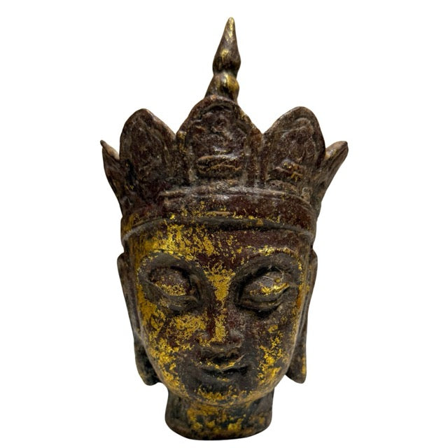 Ksitigarbha Dizang Pusa head with remnants of gold leaf, antique Chinese Buddhist fragment