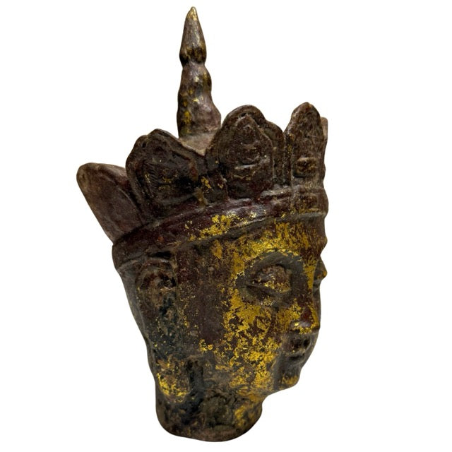 Antique head of Ksitigarbha Dizang Pusa in gilded cast iron, Buddhist temple context