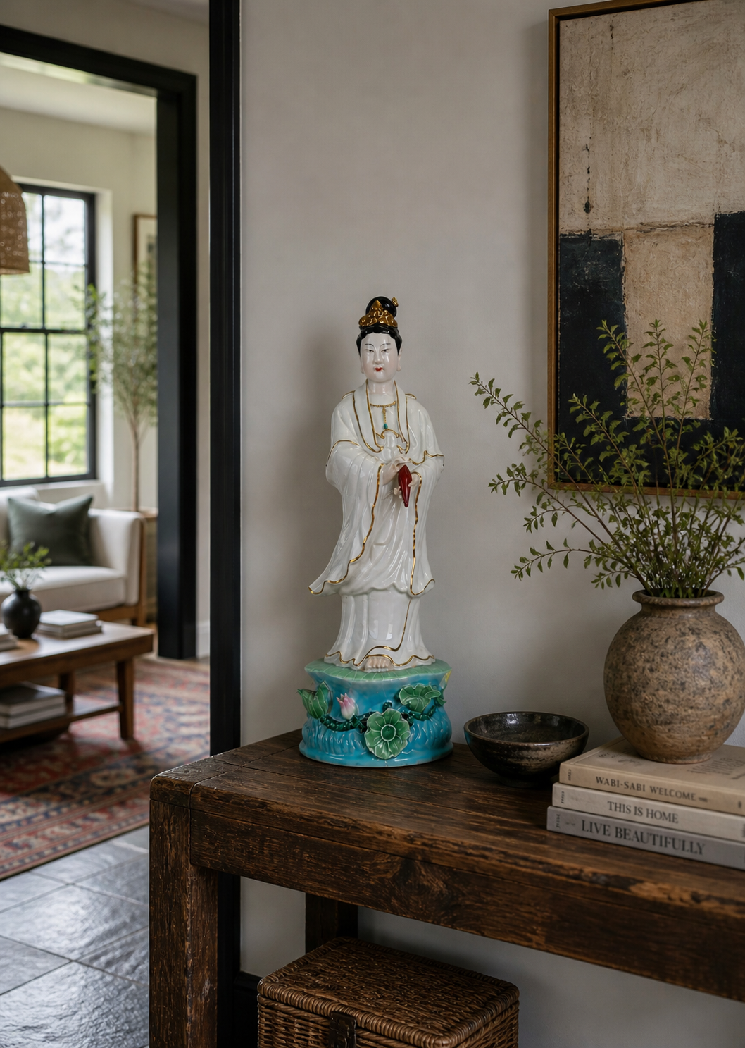 White glazed Guan Yin statue weighing 3 kg on a colorful lotus base.