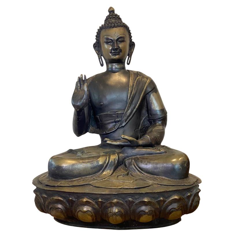 Ladakh Buddha in fire-gilded bronze from the 18th century, seated on a lotus base