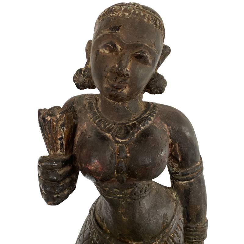 Wooden Lakshmi statue, Nepalese ritual object in Newar style with austere design