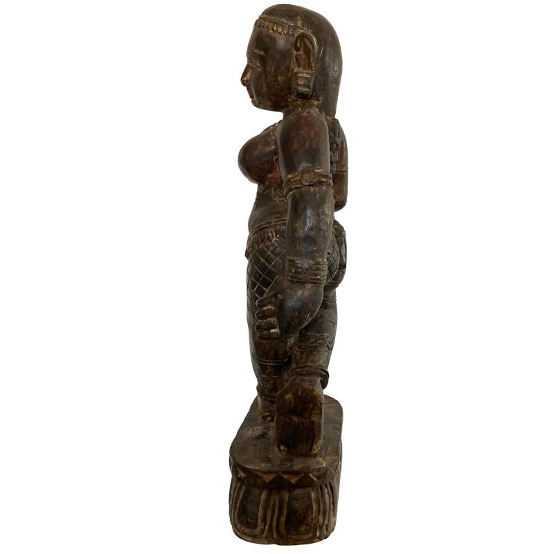 Standing wooden Lakshmi statue, Nepal Newar style, with remnants of polychromy and solid carving