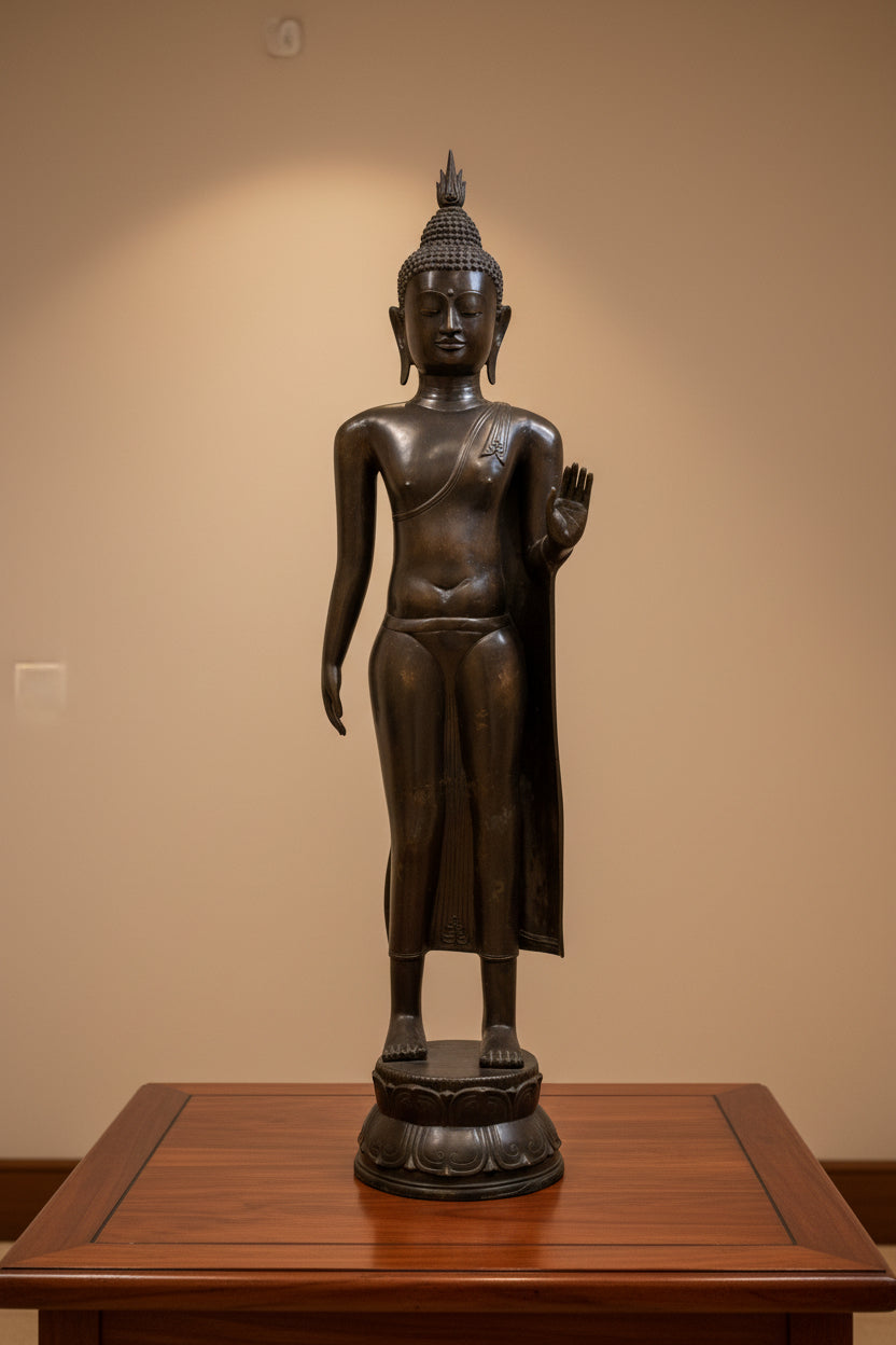 Life-size bronze walking Buddha in Thai Sukhothai style