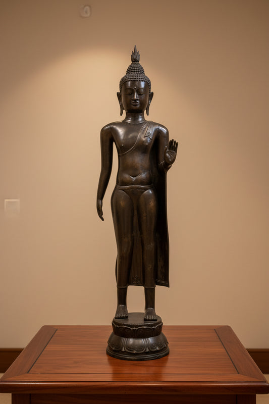 Levensgrote bronzen wandelende Boeddha in Thaise Sukhothai stijl