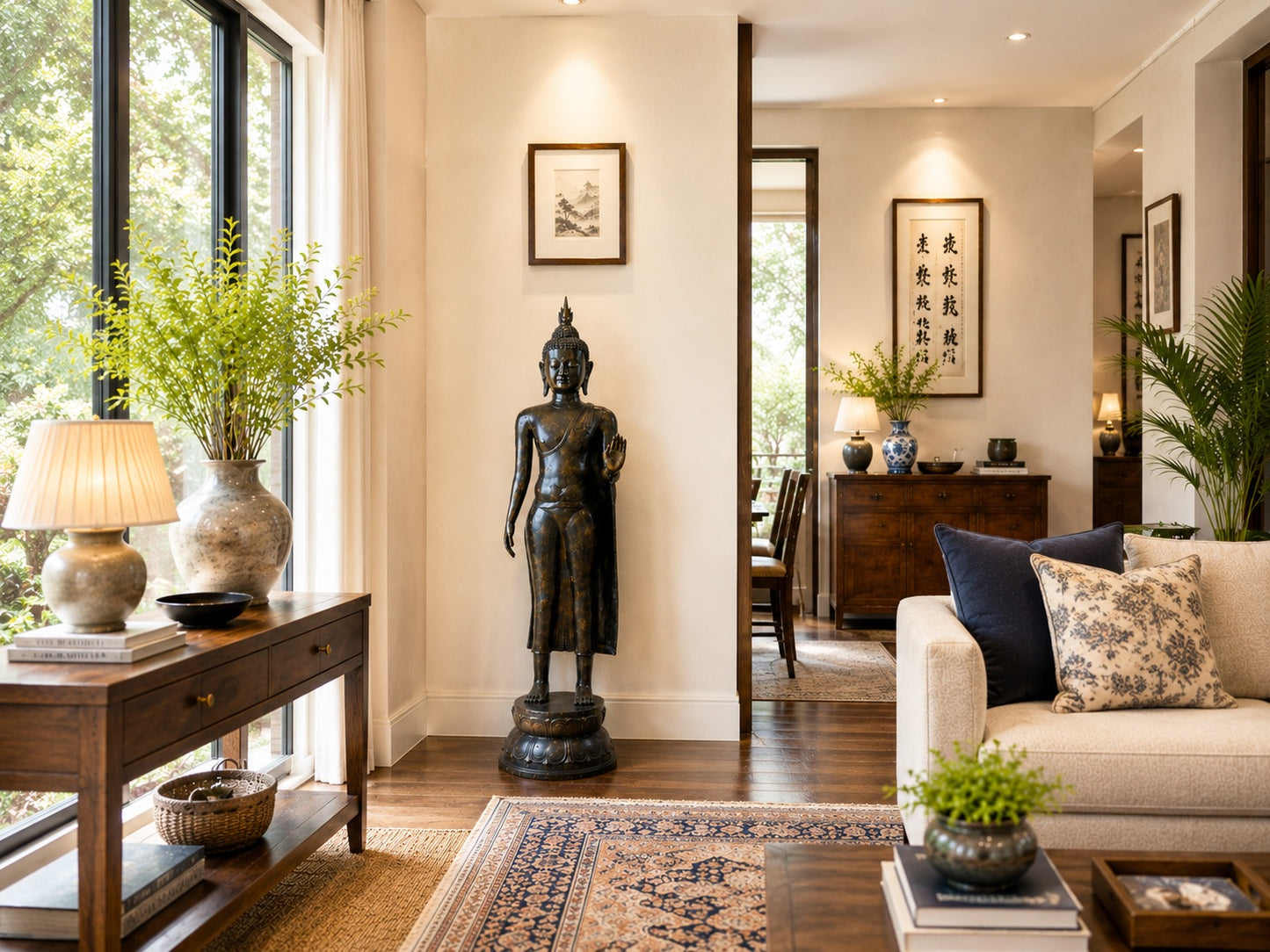 Exclusive walking Buddha sculpture in dark bronze
