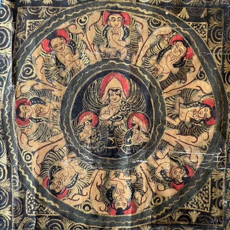 Mandala thangka with central geometric composition on canvas from Nepal