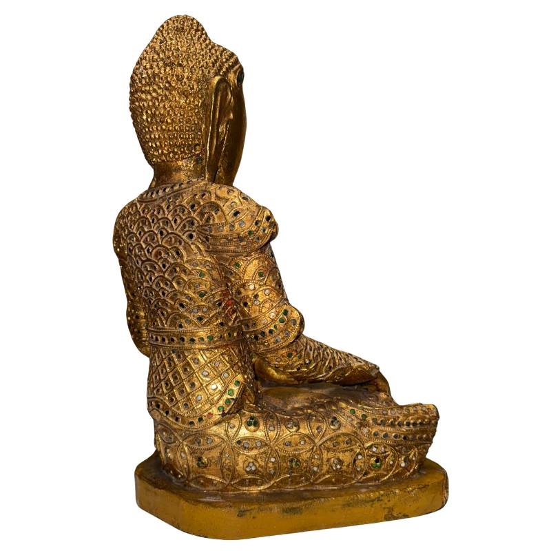 Antique wooden Mandalay Buddha statue with gold-colored gilding and decorative details
