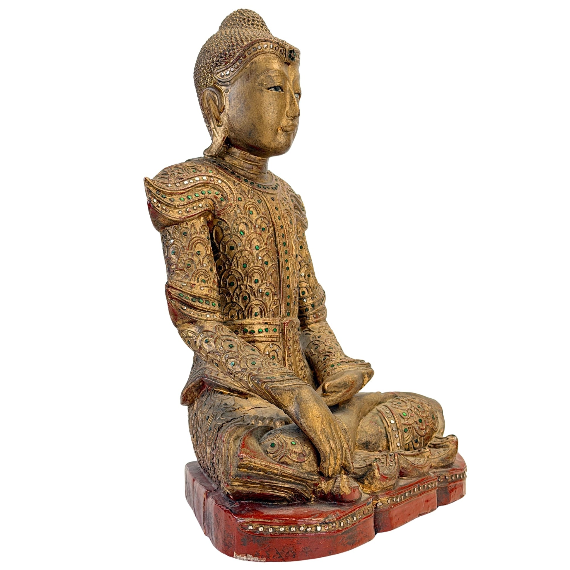 Antique Mandalay-style Jambupati Buddha, three-quarter right view, SKU 738